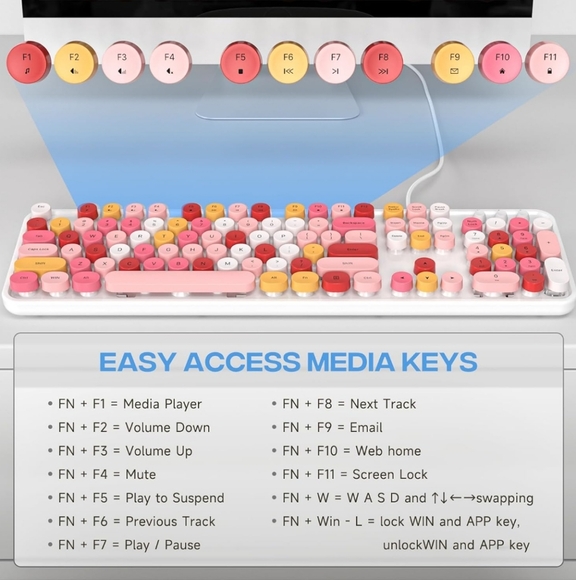 Computer Keyboard Wired, Plug and Play USB Retro Round Typewriter Keyboard, Full - Picture 5 of 7